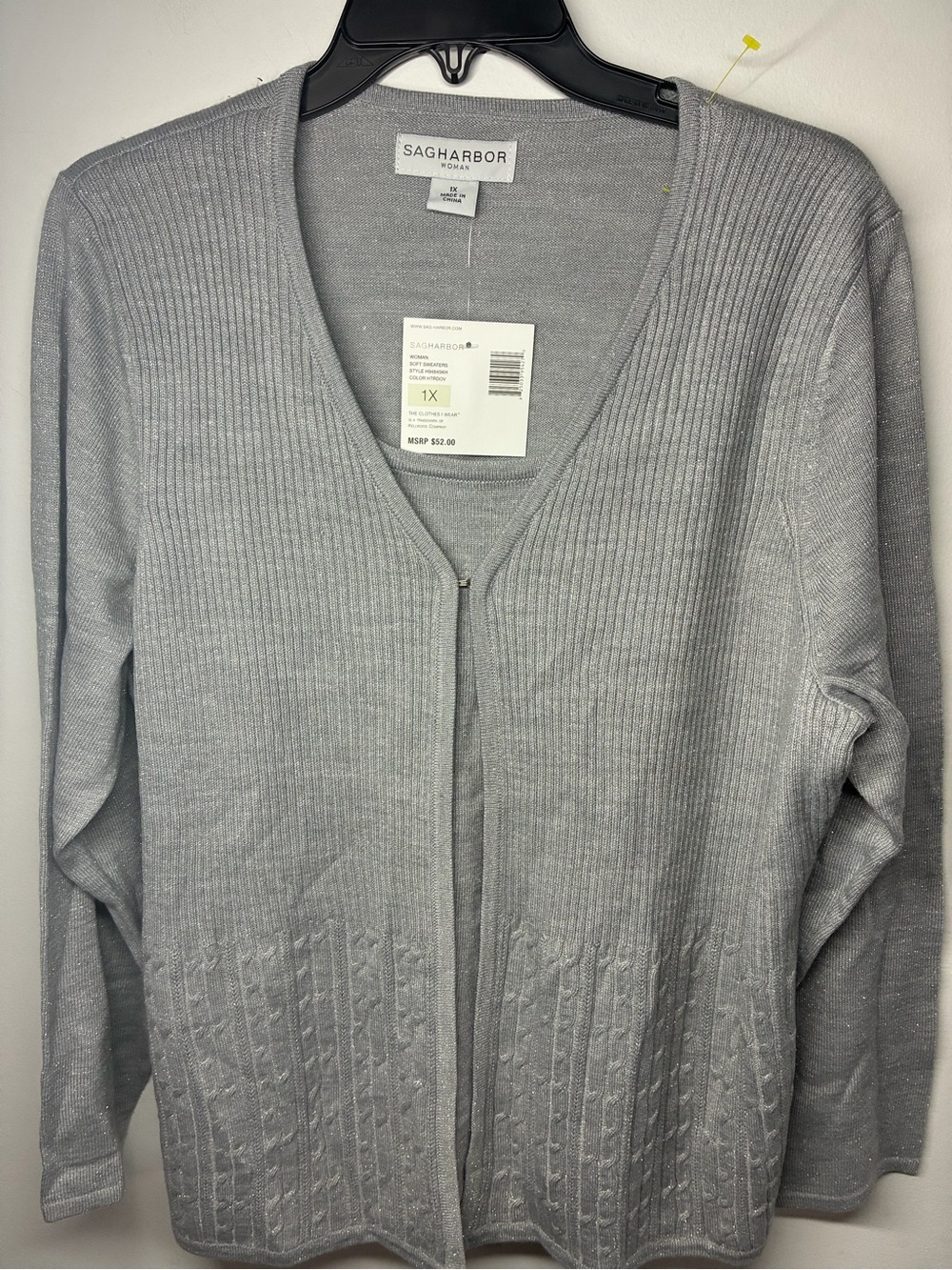 Sag Harbor Silver-Light Gray V-Neck Ribbed Cardigan
